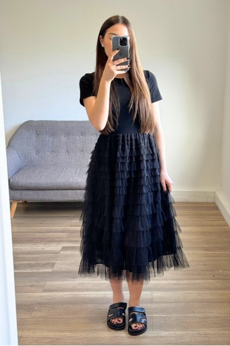 Two-material dress in tulle with black ruffles