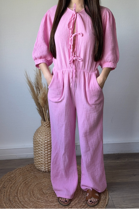 Knotted jumpsuit in pink cotton gauze