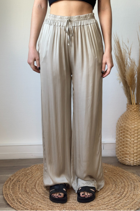 Pantalon élastique à la taille satiné beige