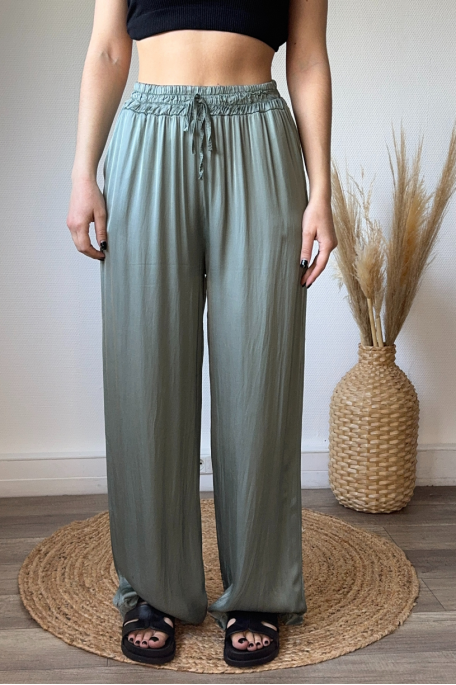 Khaki satin-effect elastic waist pants