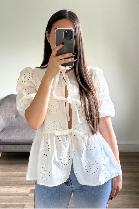 copy of White embroidered blouse with bows, short sleeves
