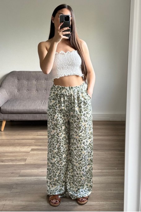 Fluid pants with green floral print
