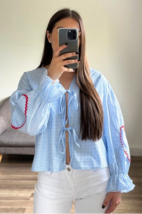 Blue gingham print blouse with bows and hearts