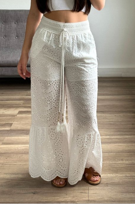 Wide-leg pants with English embroidery and white cord