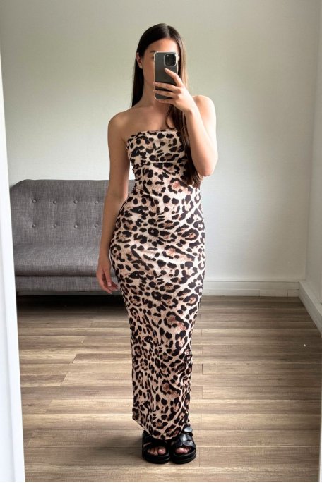 Long strapless leopard print dress