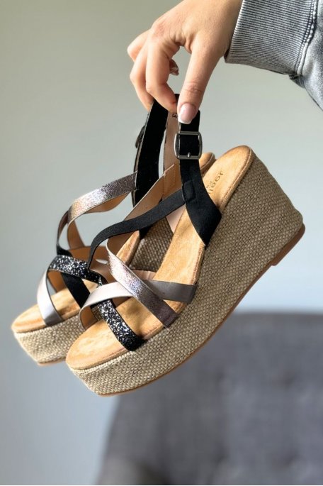 Wedge-heeled sandals with black rhinestone straps