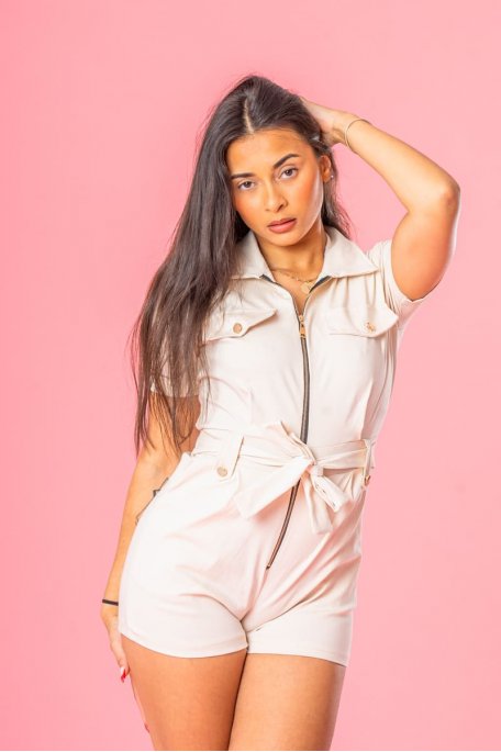 copy of Short-sleeved jumpsuit with cargo-effect zip, beige