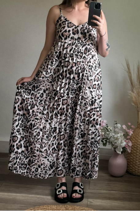 Langes, plissiertes Kleid mit Leopardenmuster-Trägern