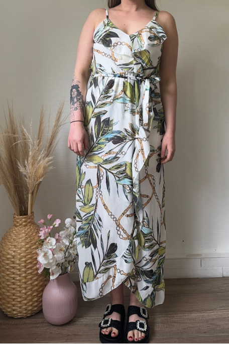 Floral long dress with green ruffles