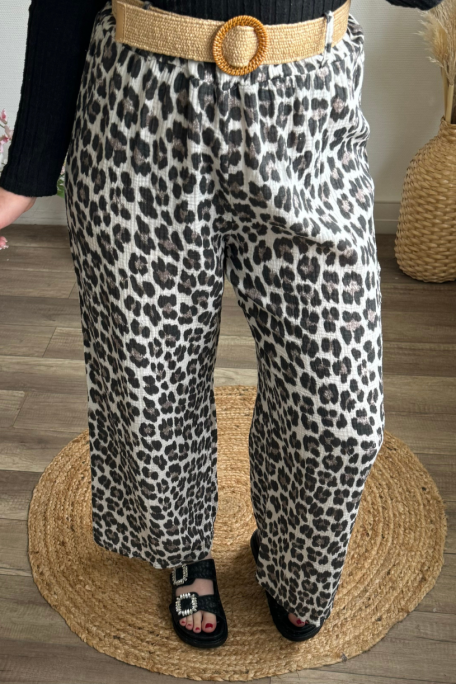 Pantalon ample avec ceinture en gaze de coton motifs léopard