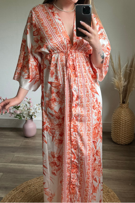 Robe longue style kimono motif fleuri orange