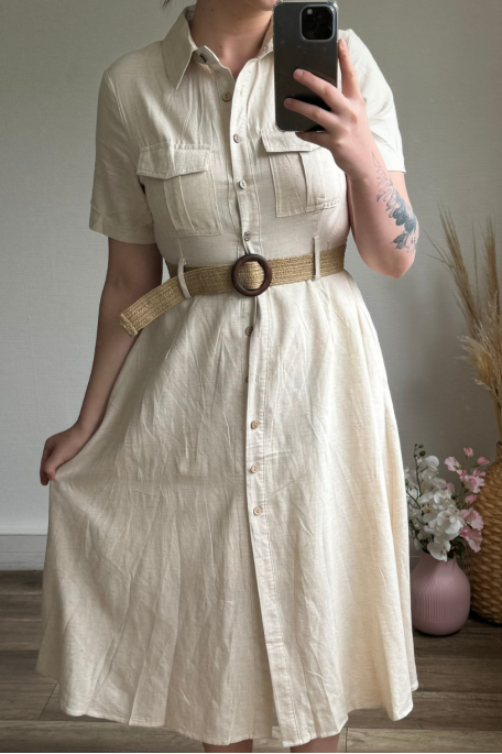 Linen-effect long dress with beige belt