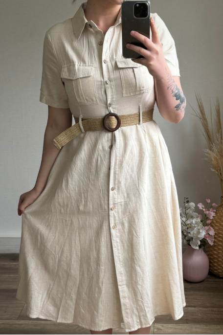 Robe longue effet lin avec ceinture beige