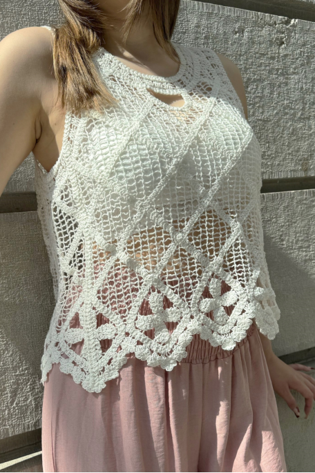 copy of Ärmelloses Häkel-Oberteil mit Lochmuster beige