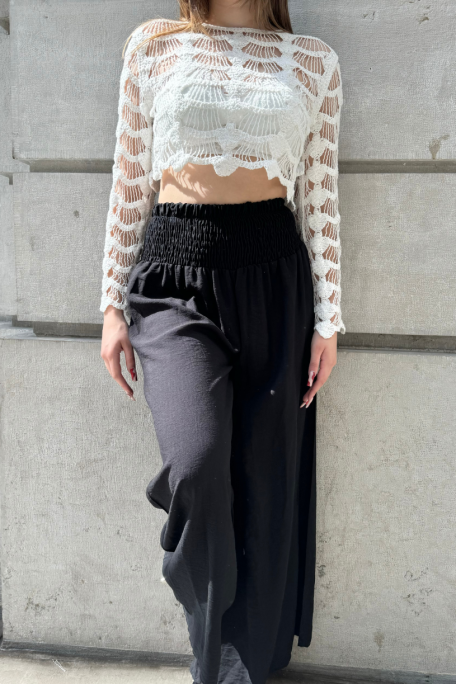 White long-sleeved flared crochet top