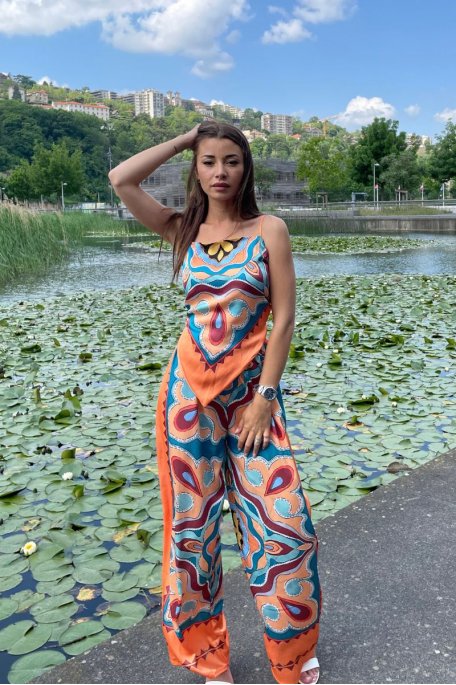Ensemble top à nouer et pantalon motif bandana orange