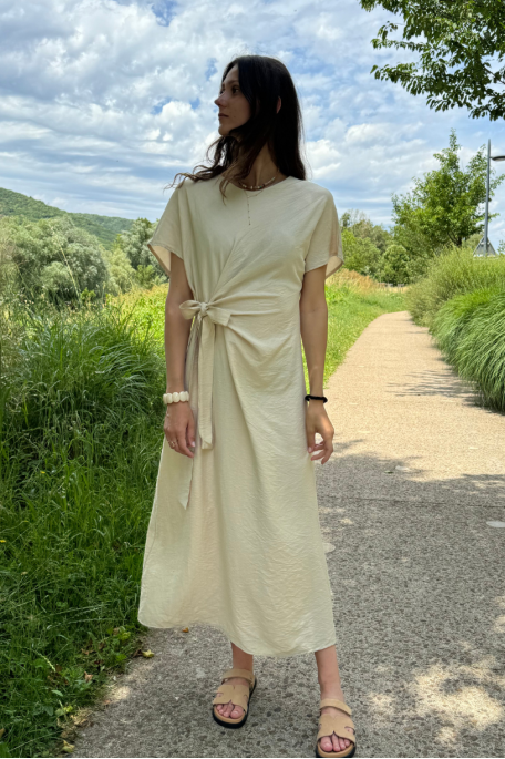 Beige linen-effect long dress with tie