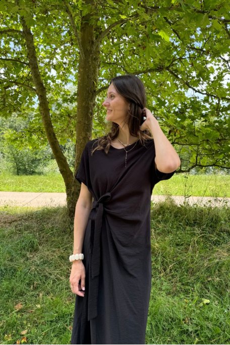 Langes Kleid zum Binden in Leinenoptik schwarz