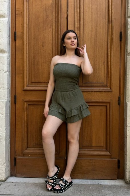Combishort bustier à fronces gaze de coton kaki