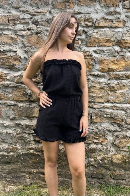 Bustier-Kombi aus Baumwoll-Gaze mit Rüschennähten schwarz