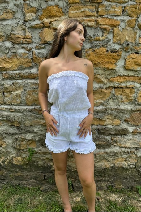 Combishort bustier en gaze de coton avec coutures à volants blanc