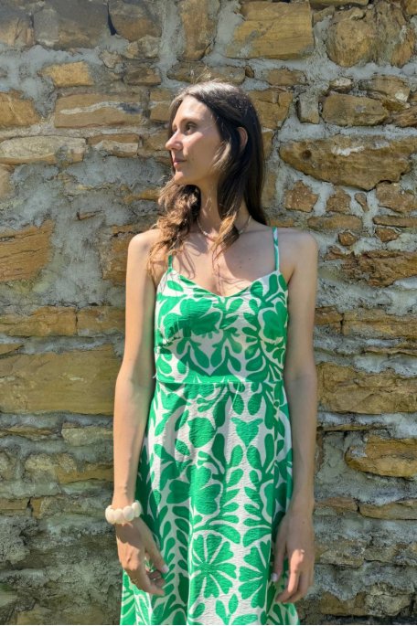 Robe longue à bretelles motif fleuri vert
