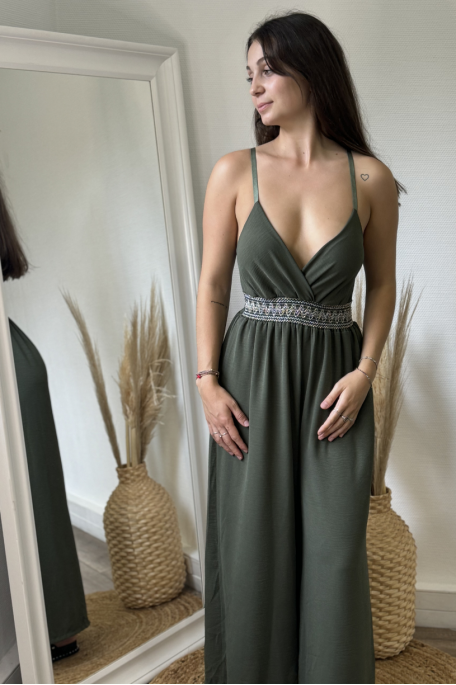 Strapless jumpsuit with khaki embroidery