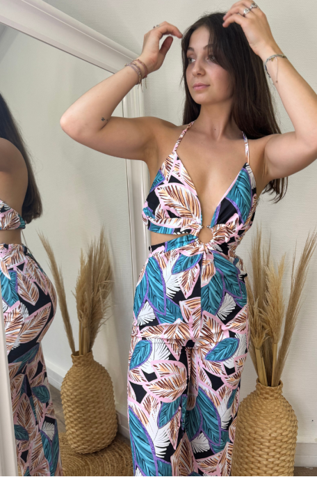 Beach jumpsuit with green flower pattern