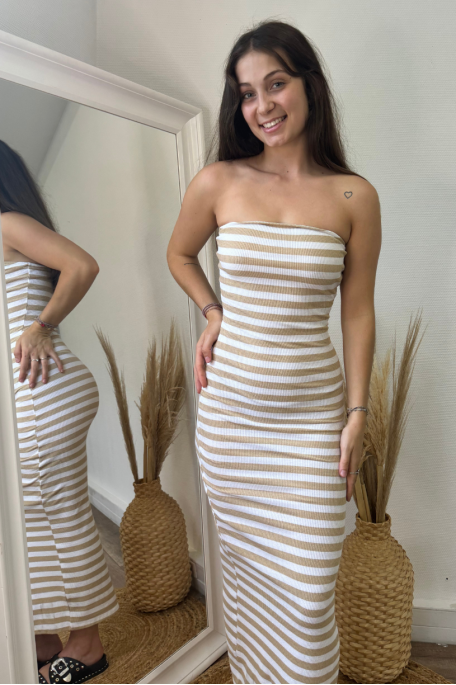 Robe bustier cotelée à rayures beige