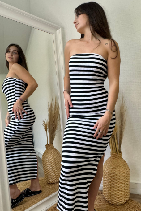 Robe bustier cotelée à rayures noir