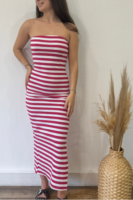 Robe bustier cotelée à rayures rose
