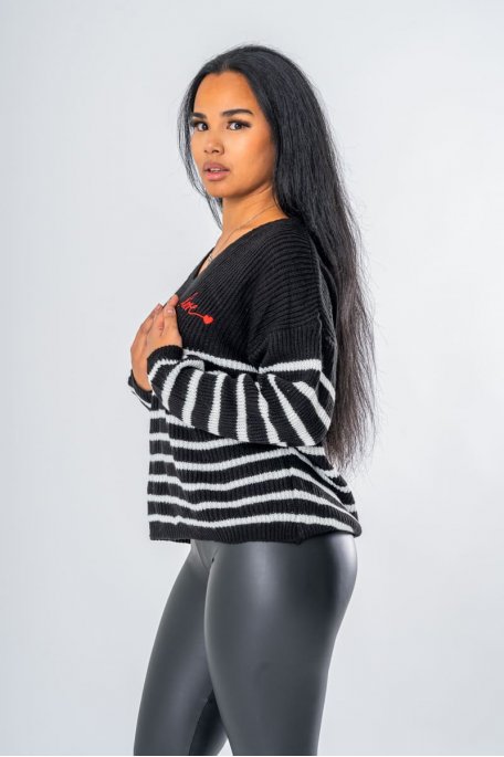 Pull marinière "Love" noir - vue profil