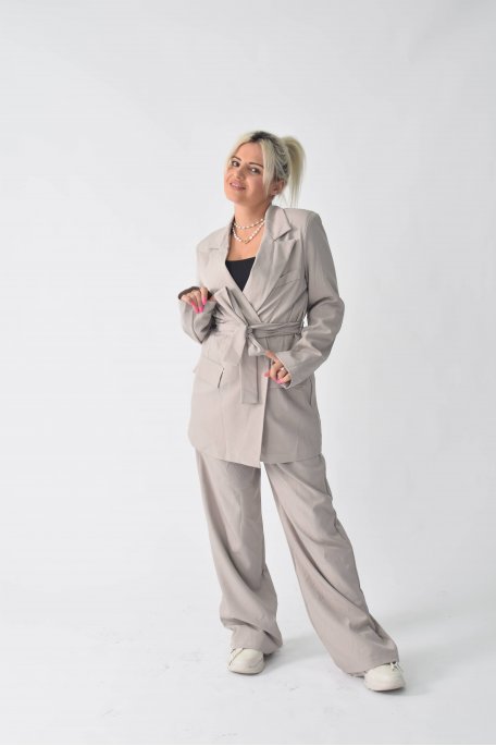 Belted taupe suit set