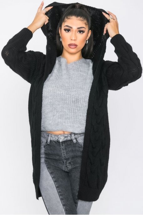 Gilet long noir a capuche Cinelle Paris mode femme tendance