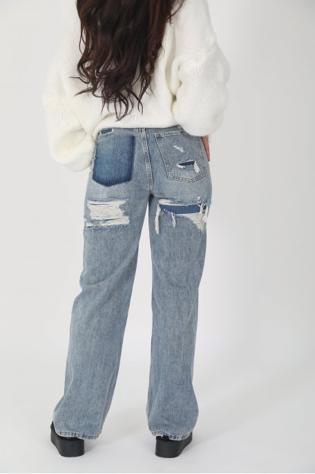 Vintage-effect ripped straight jeans