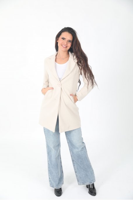 Manteau mi-long beige à col revers avec fermeture à bouton