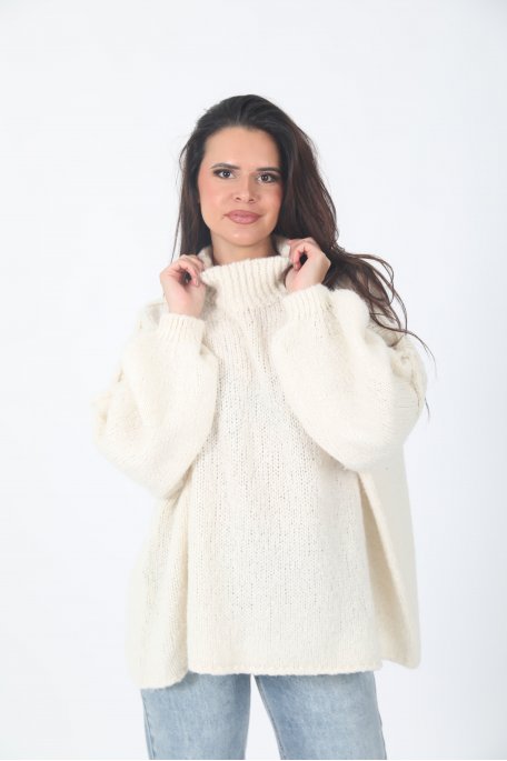 Beige wool sweater with stand-up collar
