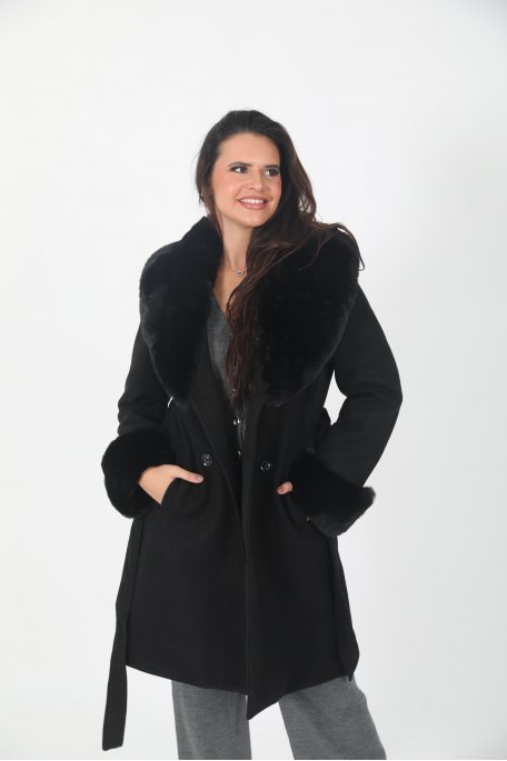 Belted coat with black fur collar and cuffs