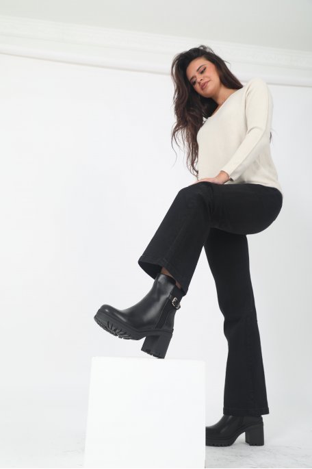 Black heeled ankle boots with gold strap