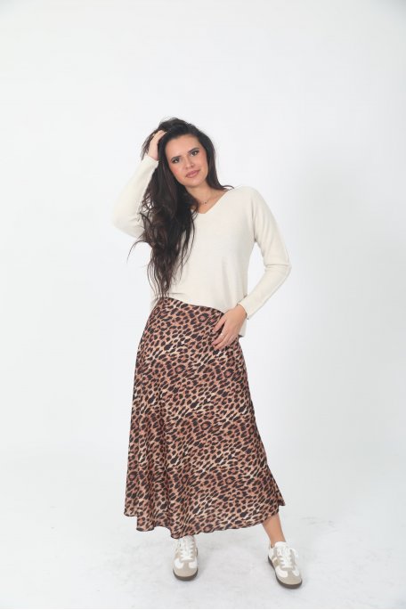 Leopard satin-effect long skirt