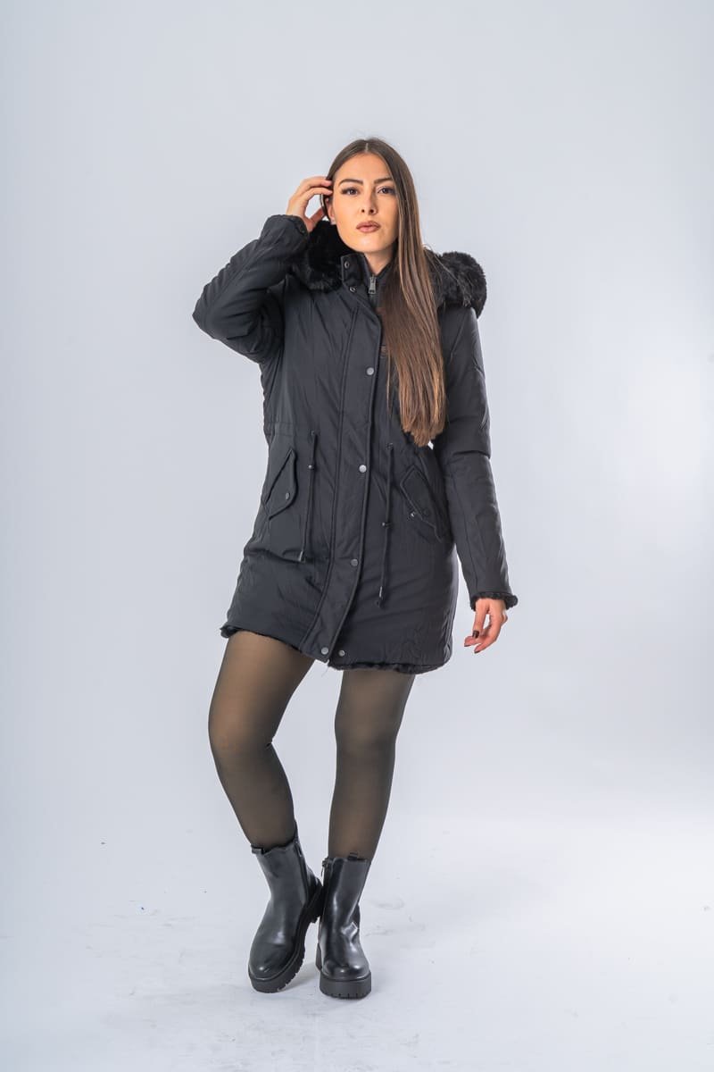 Parka à capuche fausse fourrure réversible noir - vue face entier Parka à capuche fausse fourrure réversible noir - vue face entier