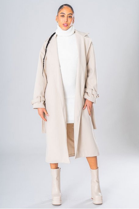 Manteau long ceinturé col classique beige