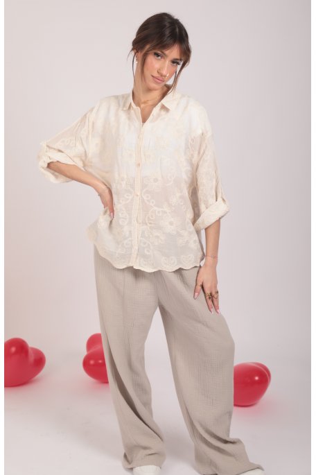 Chemise tranparente brodée beige