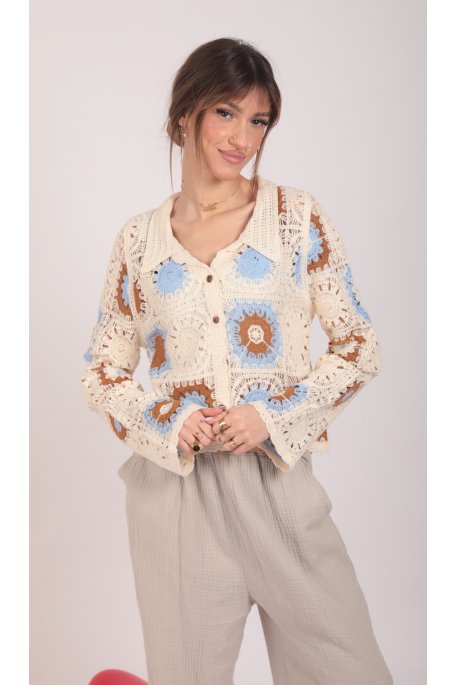 Chemise beige en maille à motifs colorés