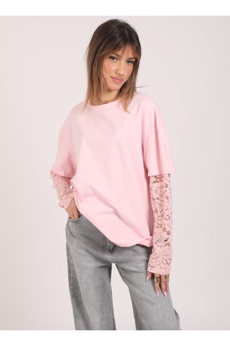 T-Shirt mit Spitzenärmel rosa