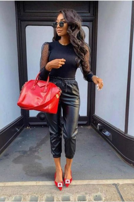 Pantalon jogging noir simili cuir