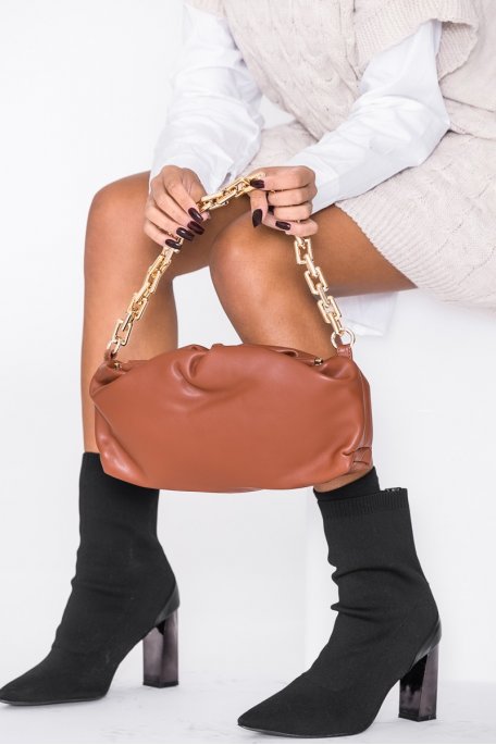 Sac à main simili cuir chaine dorée camel