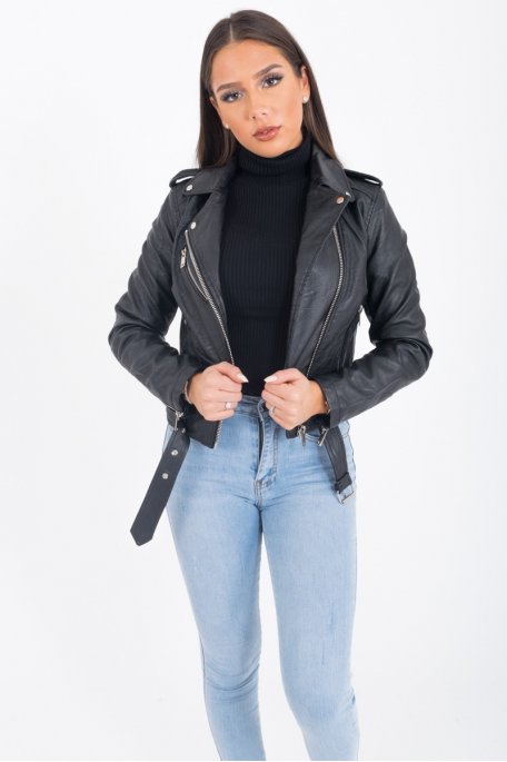 Perfecto Basique Simili Cuir Ceinture Noir Cinelle Paris Mode Femme Tendance