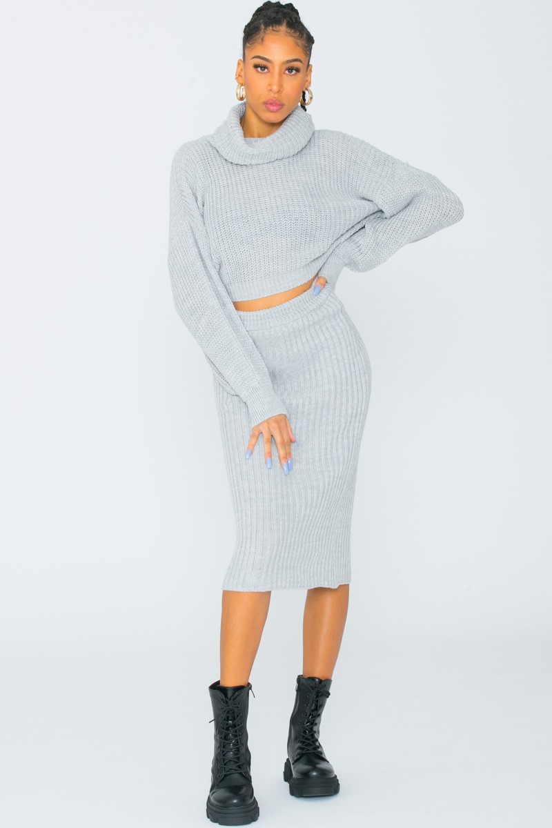 Ensemble jupe et pull grosse maille gris Cinelle Paris, mode femme