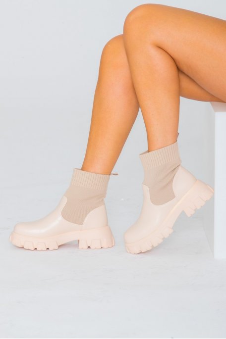 Beige sock platform boots